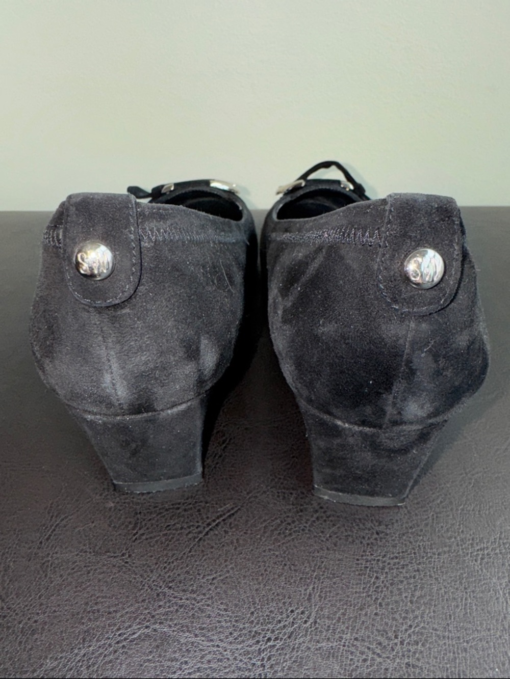 MAKE OFFER! Stuart Weitzman Mr. Seymour Black Suede Buckle Loafers 8.5US Narrow - Picture 5 of 11